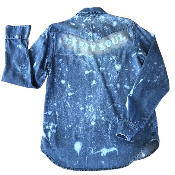 Upcycled Bleach Distressed Denim Shirt, GAP Medium:  Gypsy Soul Snap Closure Top - Picture 7 of 10
